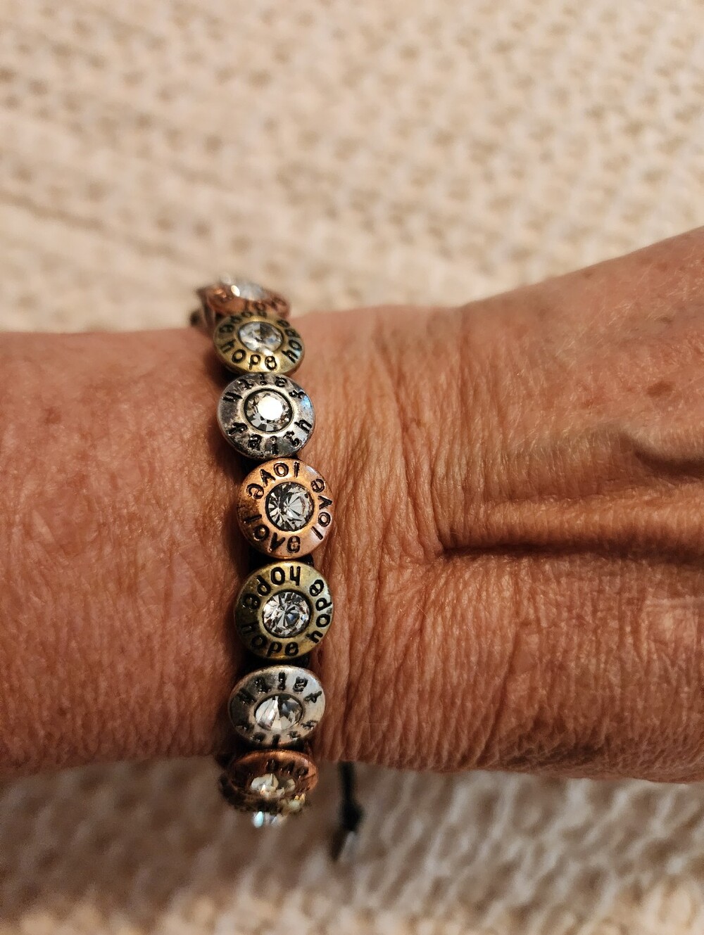 Inspirational Hope Love Crystal Disc Bolo Style Bracelet Mixed Metals